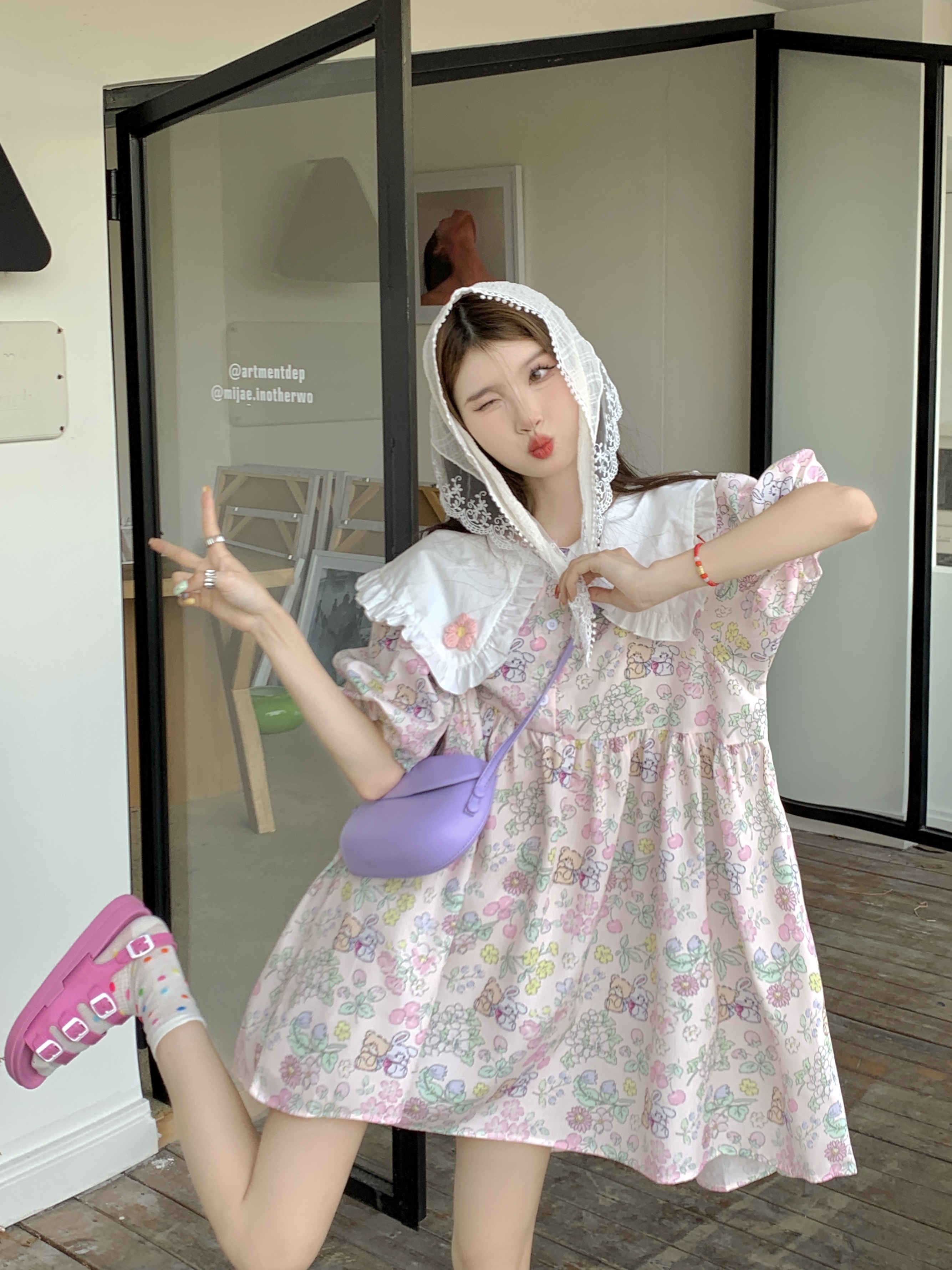 實拍  韓系甜美減齡卡通印花立體小花撞色娃娃領寬鬆連衣裙