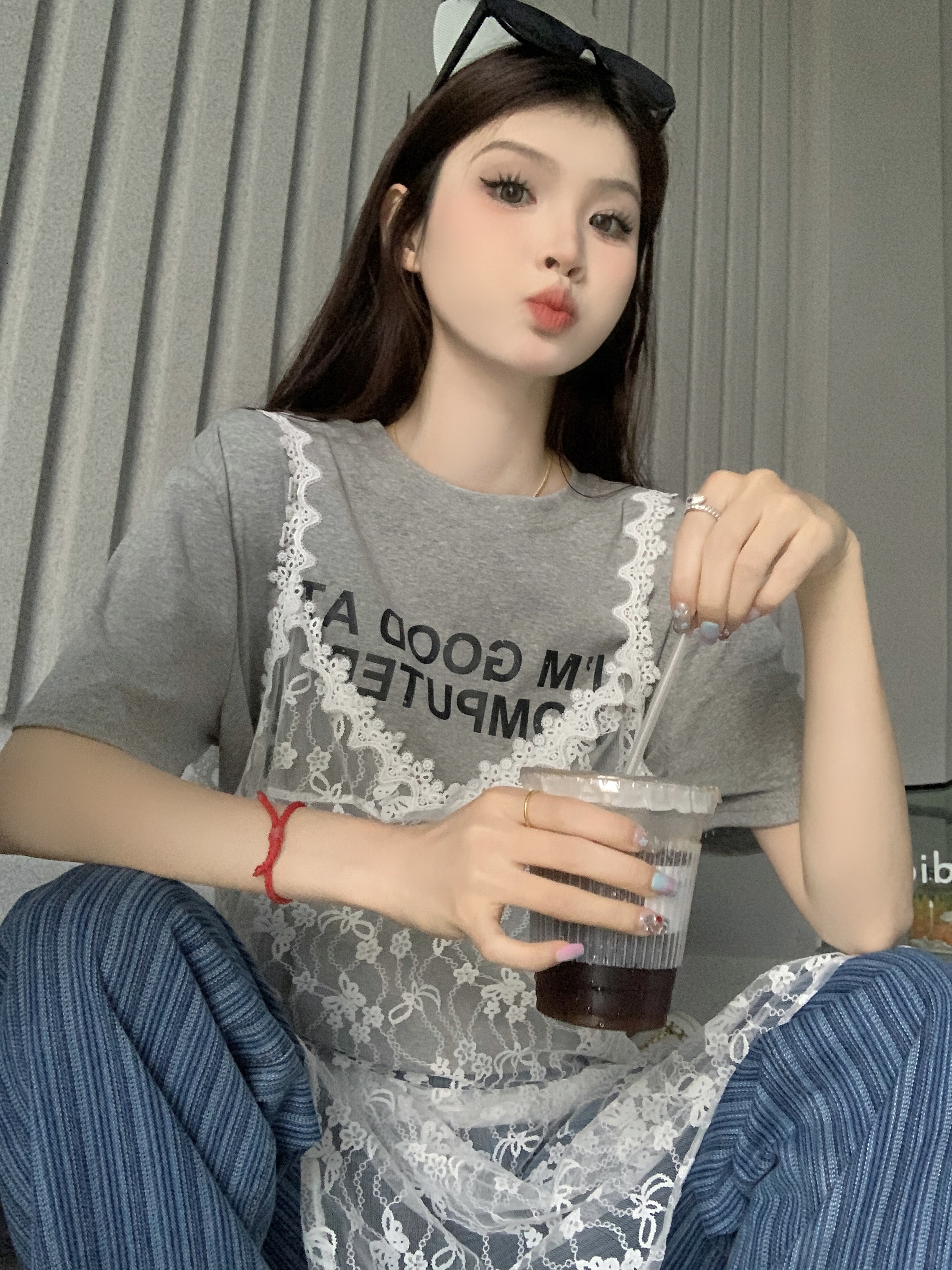 實拍  韓系蕾絲無袖吊帶裙女外穿罩衫連衣裙灰色T恤時尚套裝
