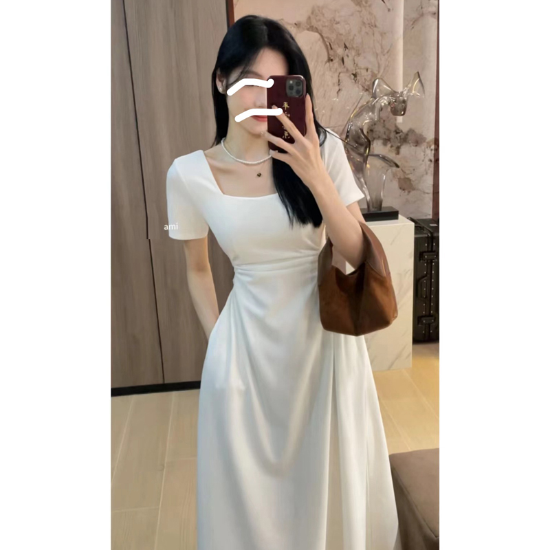 原版~古典白玫瑰~法式氣質高級感短袖連衣裙a字高腰顯瘦裙子