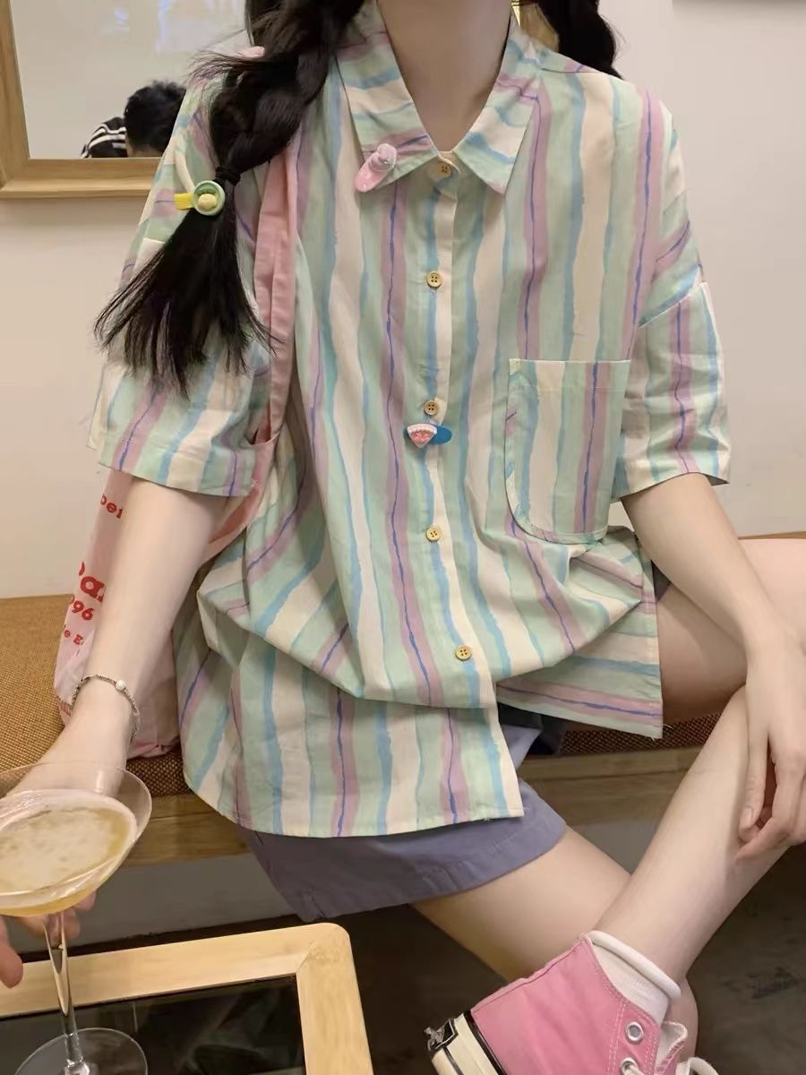 多巴胺可愛條紋短袖襯衫女春季2024新款甜美減齡寬鬆中長款上衣潮