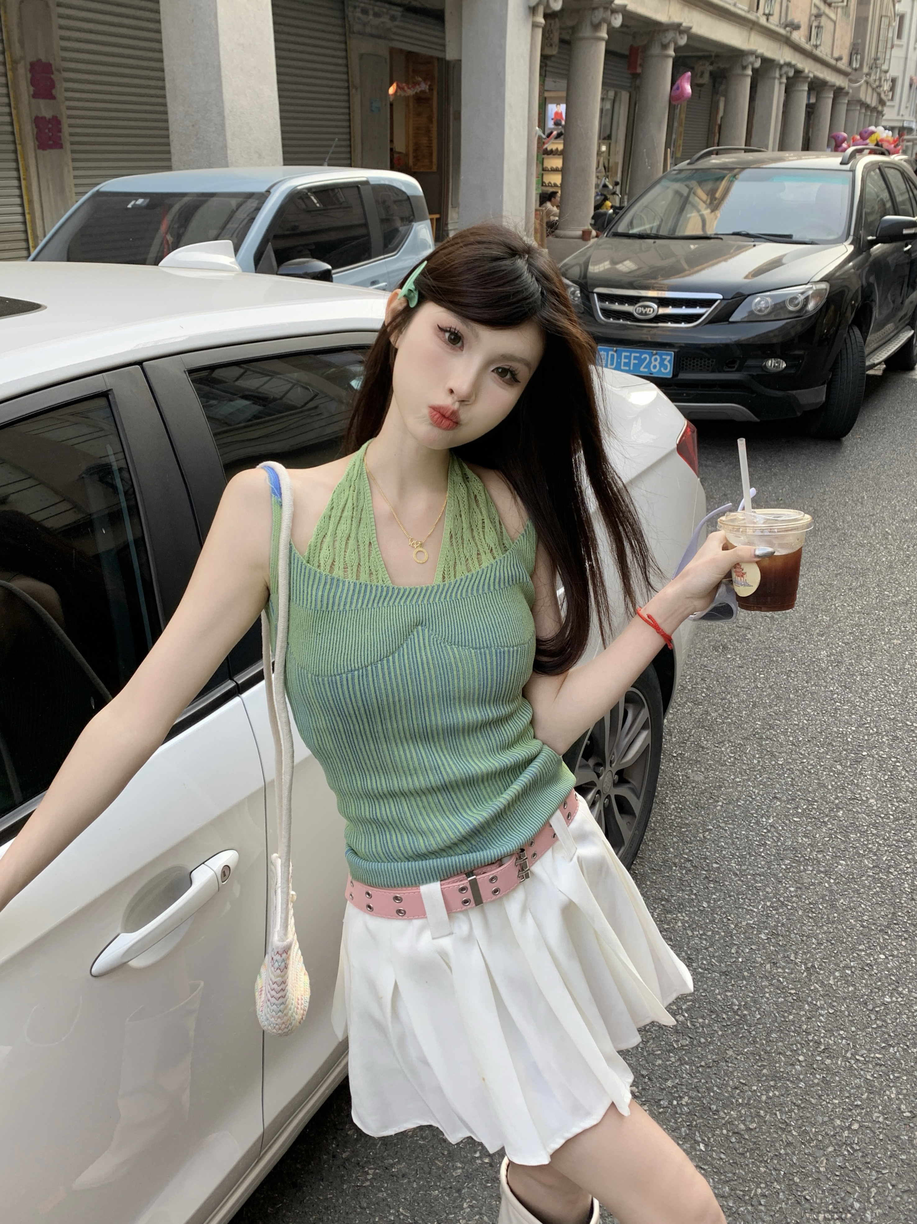 實拍假兩件條紋針織掛脖吊帶小背心女甜辣設計感小眾外穿上衣