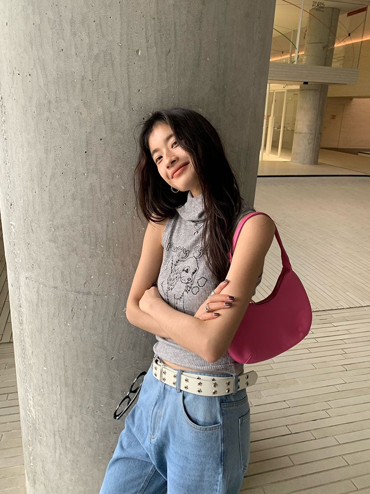 小狗印花高領T恤Whateverlab春夏休閒彈力坑條針織無袖小上衣女