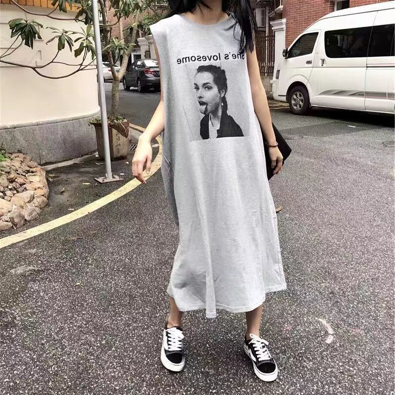 夏季設計感休閒風T恤無袖背心裙寬鬆中長款連衣裙