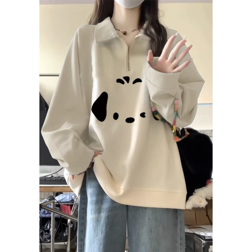 Original workmanship polo collar sweatshirt for women early spring 2024 new style small art raw milk good long-sleeved top