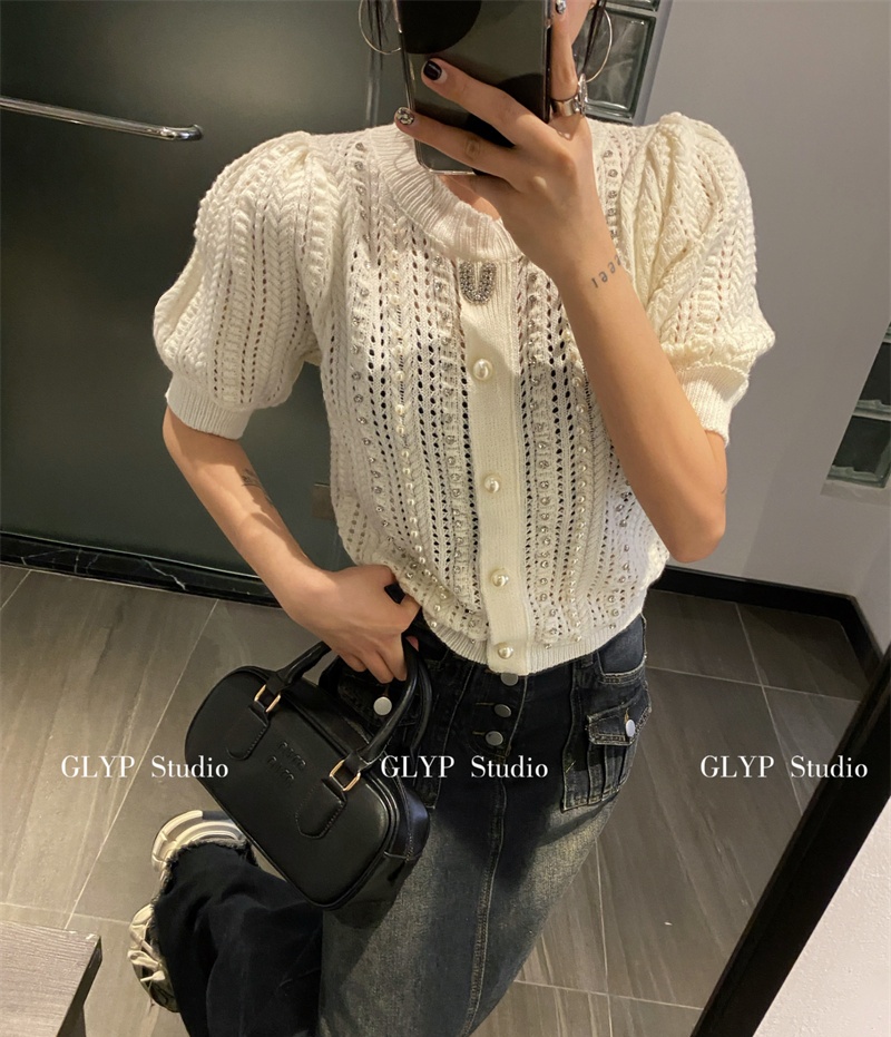 實拍2024年春夏秋款韓國東大門GLYP潮牌針織衫手工釘鑽珠片短袖女