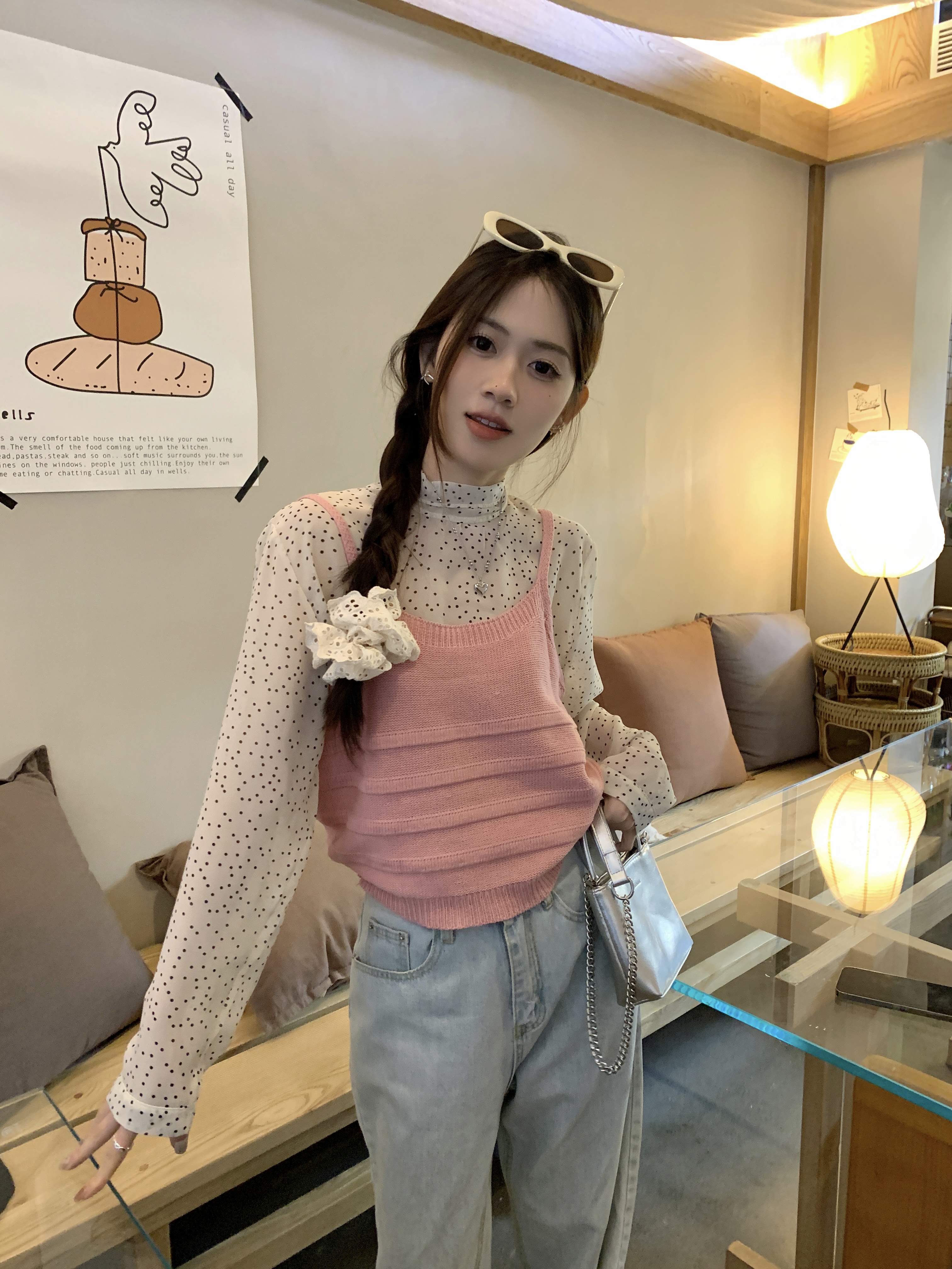 實拍 韓系小眾吊帶針織衫馬甲背心女碎花長袖疊穿打底衫女