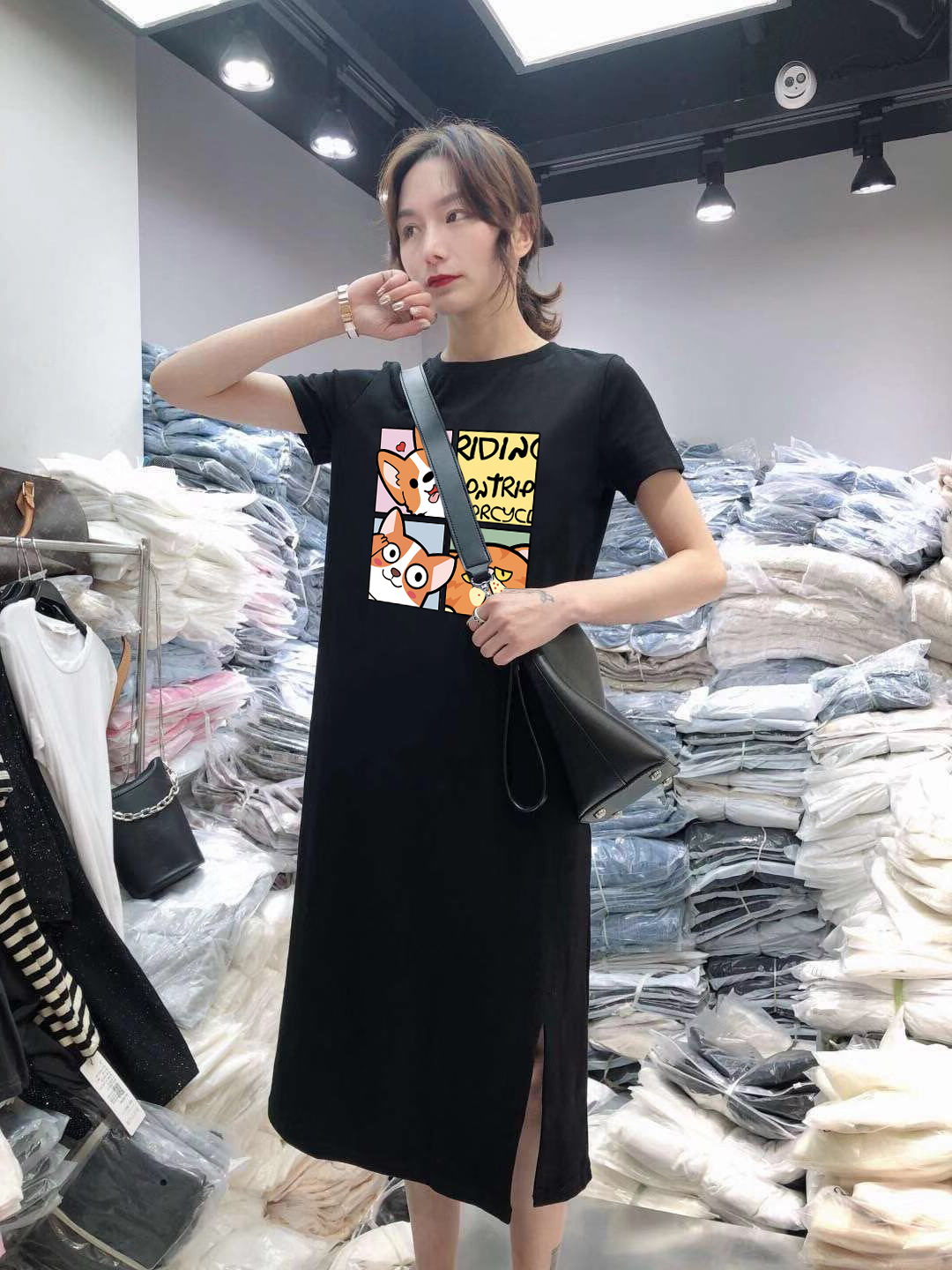 夏季新款短袖連衣裙女式休閒遮肚大碼寬鬆中長款過膝打底T恤裙子
