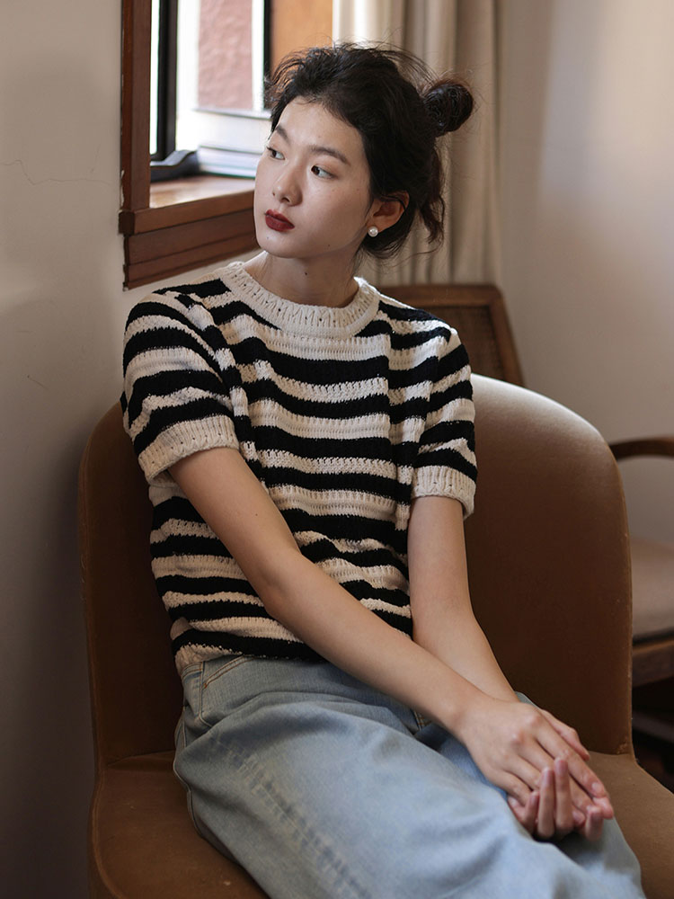 "Nautical Girl" summer sequined yarn coco striped knitted short-sleeved T-shirt women's handmade crochet top