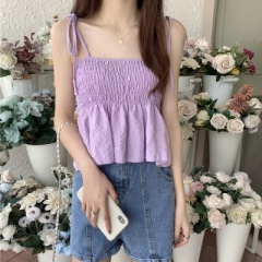 Summer new sweet bubble pleated knotted camisole