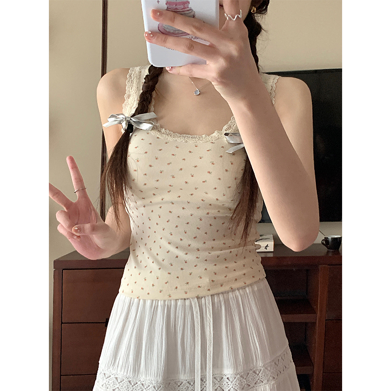Real shot of sweet girly floral camisole summer women's lace slim fit inner with sweet spicy top
