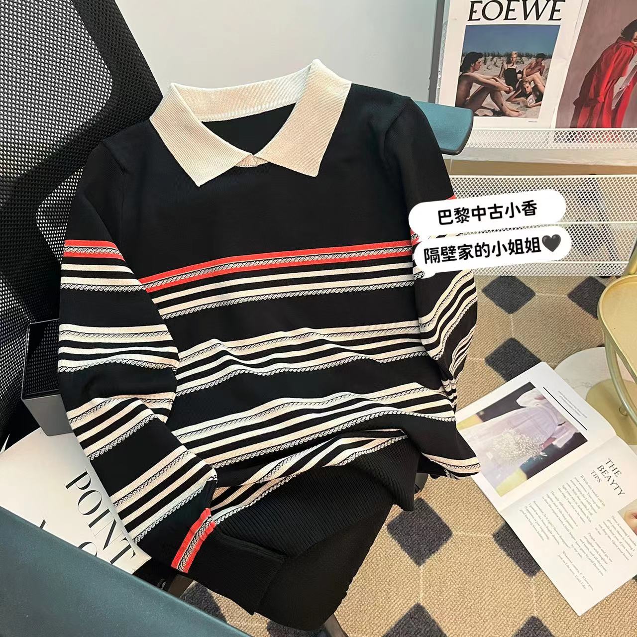 實拍～娃娃領羊毛衫女長袖黑色條紋外穿針織衫