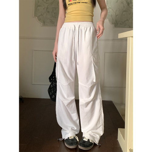 Actual shot of 2024 new small white casual overalls spring and summer lazy pleated drawstring long pants
