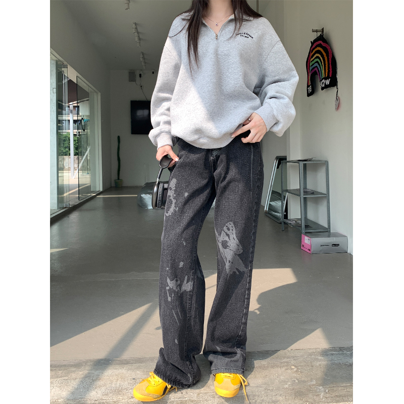 Real shot of spring street personality printed black slimming wide-leg jeans 2024 straight floor-length casual pants