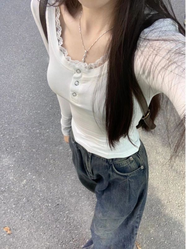 1*1螺紋德絨270克純欲風蕾絲拼接長袖t恤設計感打底衫上衣
