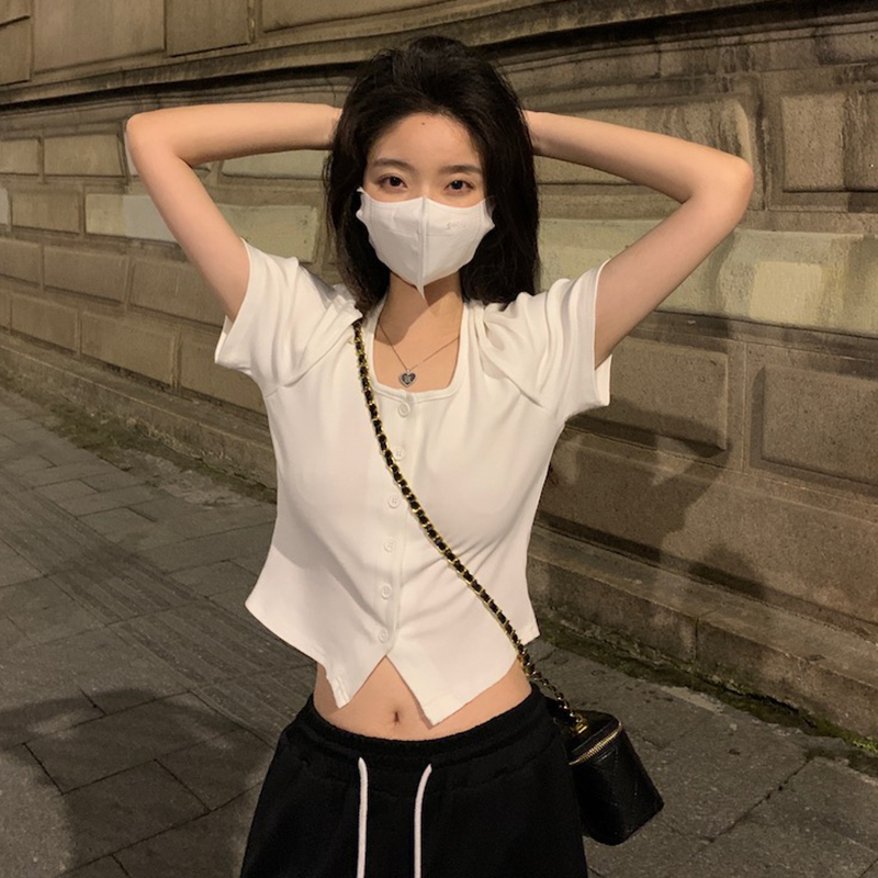 甜辣風露肩掛脖短袖T恤夏季新款修身正肩短款開衫上衣女