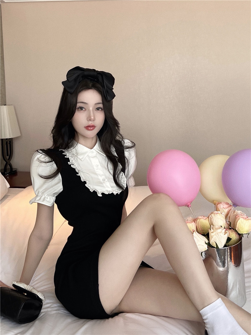 純欲風假兩件包臀短裙女夏新款甜美辣妹收腰顯瘦拼接襯衫連衣裙子
