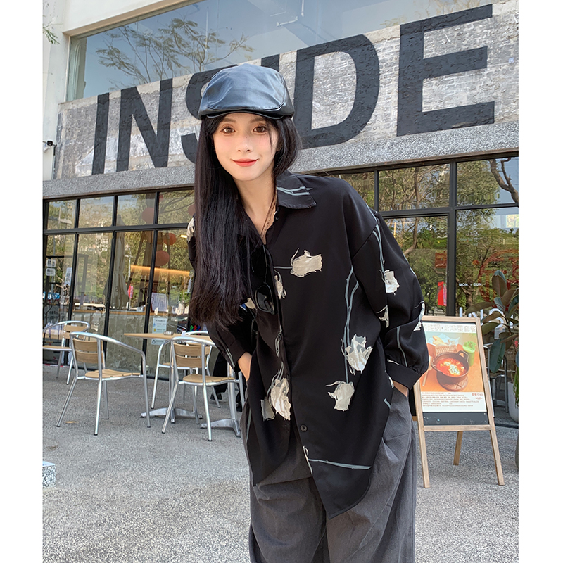 實拍黑色玫瑰花長袖襯衫女新款設計感復古印花襯衣上衣