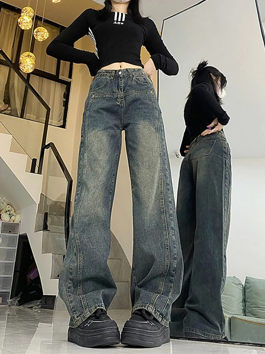 美式復古牛仔褲女春秋高腰寬鬆顯瘦設計感大碼拖地闊腿褲
