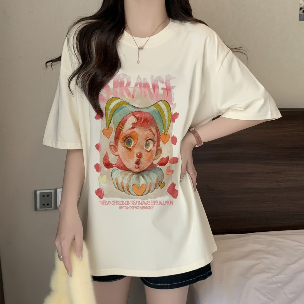 實拍 100%棉精梳純棉 印花夏裝短袖T恤女寬鬆韓版