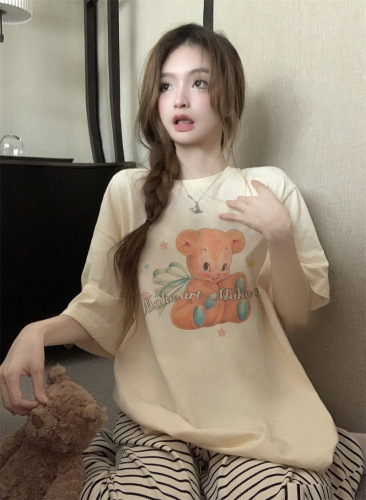Real shot Lazy style cat print short-sleeved T-shirt women's retro loose oversize casual mid-length top