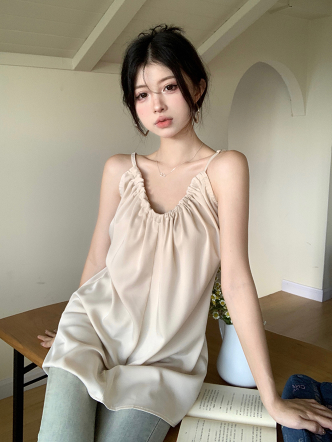 實拍 新款法式高級感醋酸緞面長款疊穿掛脖吊帶上衣