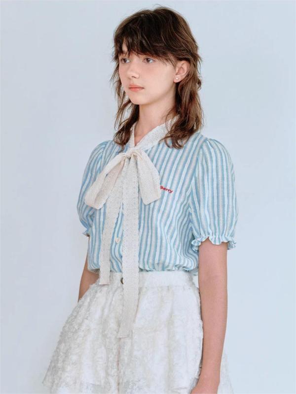24SS「糖豆少女」蕾絲蝴蝶結襯衫泡泡袖花邊襯衣甜美風