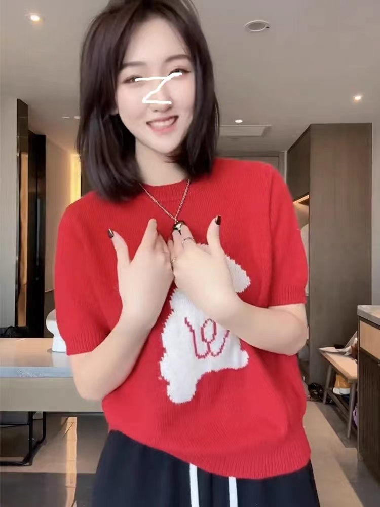 紅色本命年兔子毛衣女春新款洋氣溫柔修身顯瘦高級感短袖針織上衣