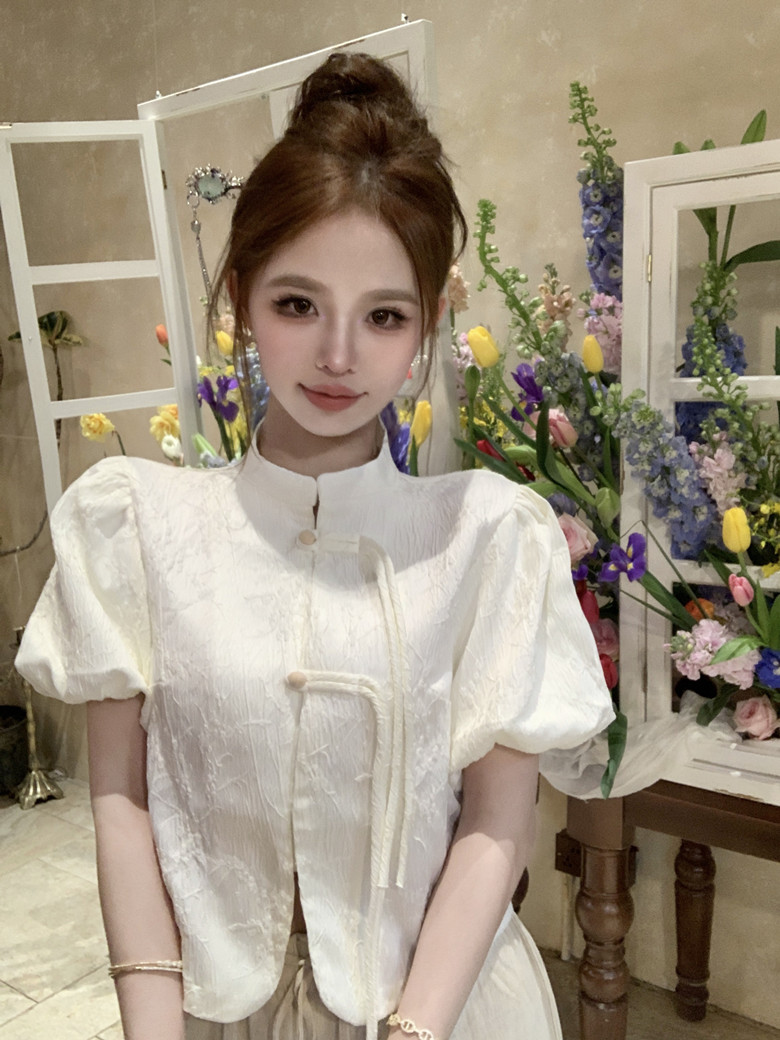 立領泡泡袖襯衫女夏季復古提花新中式盤扣短款上衣實拍