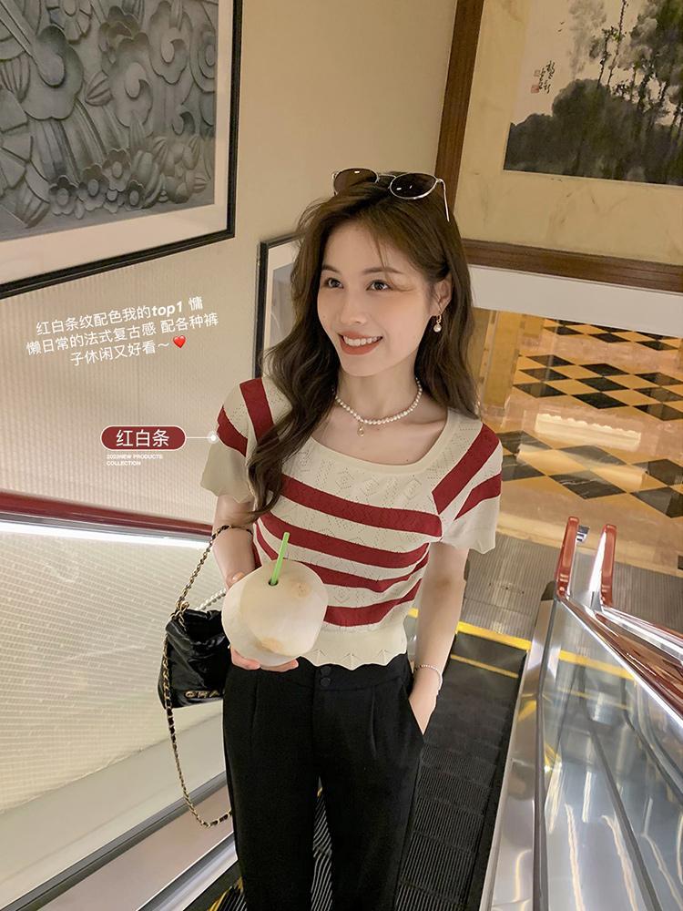 天貓質量冰乳茶法式復古針織短袖夏季方領條紋T恤短款上衣女
