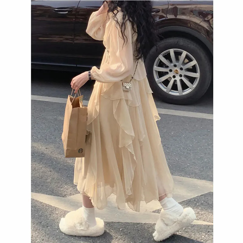 仙女溫柔風荷葉邊吊帶連衣裙2024夏季防曬開衫套裝中長款裙套裝