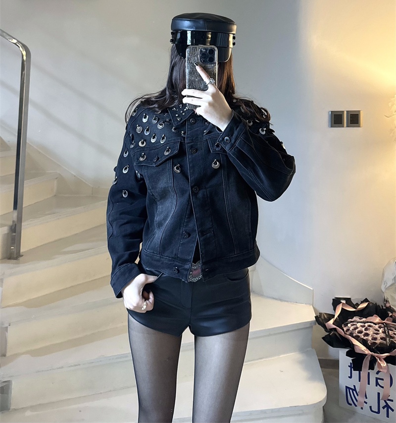 實拍2024春秋希音亞馬遜韓國東大門GLYP重工釘鑽珠片高品牛仔衣女