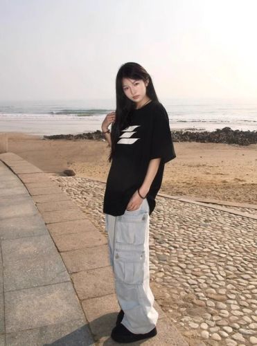 复古hiphop潮牌黑色短袖t恤女夏季宽松oversize高级感百搭上衣潮