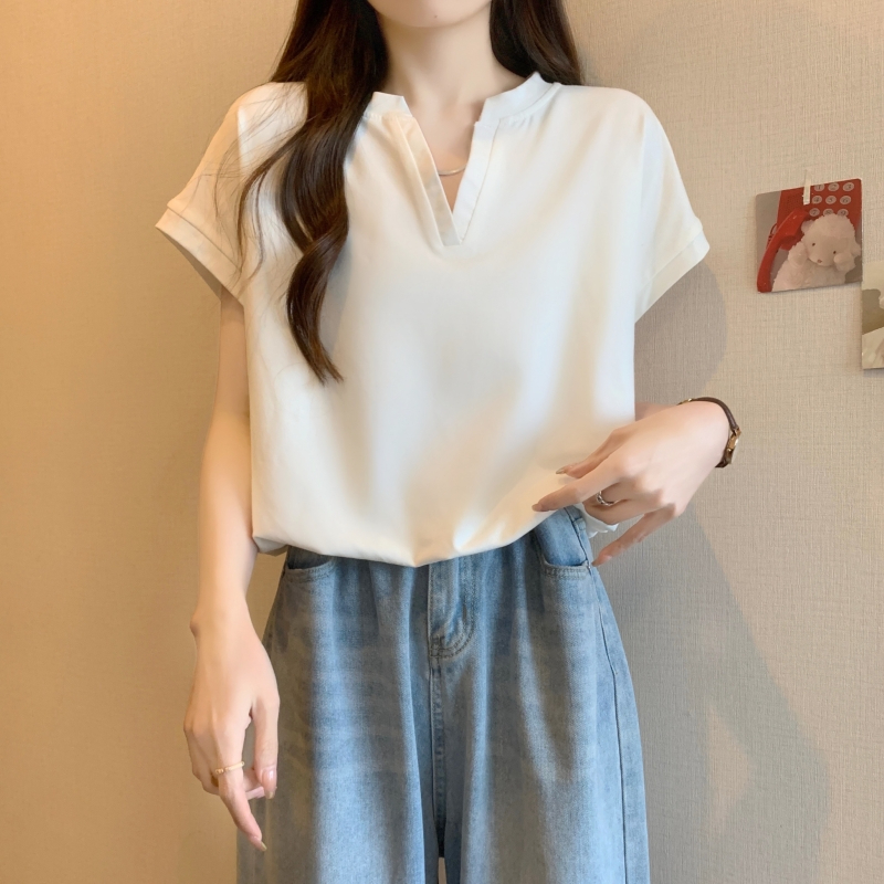 Real shot new 40 count pure cotton 2024 summer mesh v-neck chain shoulder pad short-sleeved T-shirt for women solid color
