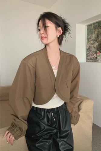 Actual shot of early spring stand-up collar short baseball shawl jacket top + vest