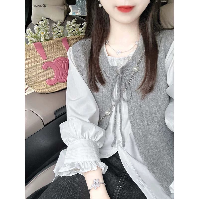 2024年早春新款襯衣法式氣質上衣小眾灰色長袖內搭春日襯衫馬甲女