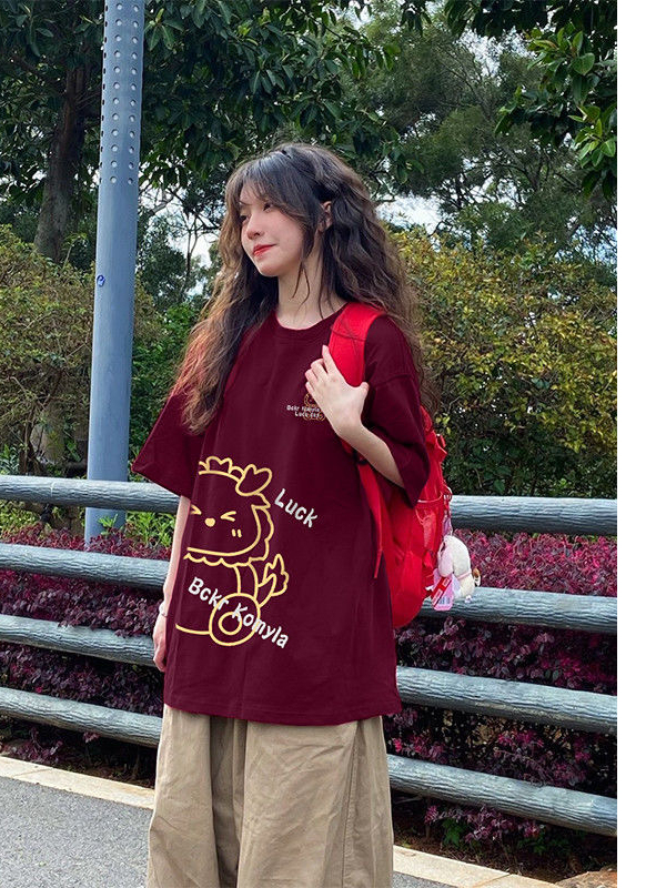 美式高街酒紅色短袖t恤女裝夏季潮牌高級感超好看上衣潮流小個子