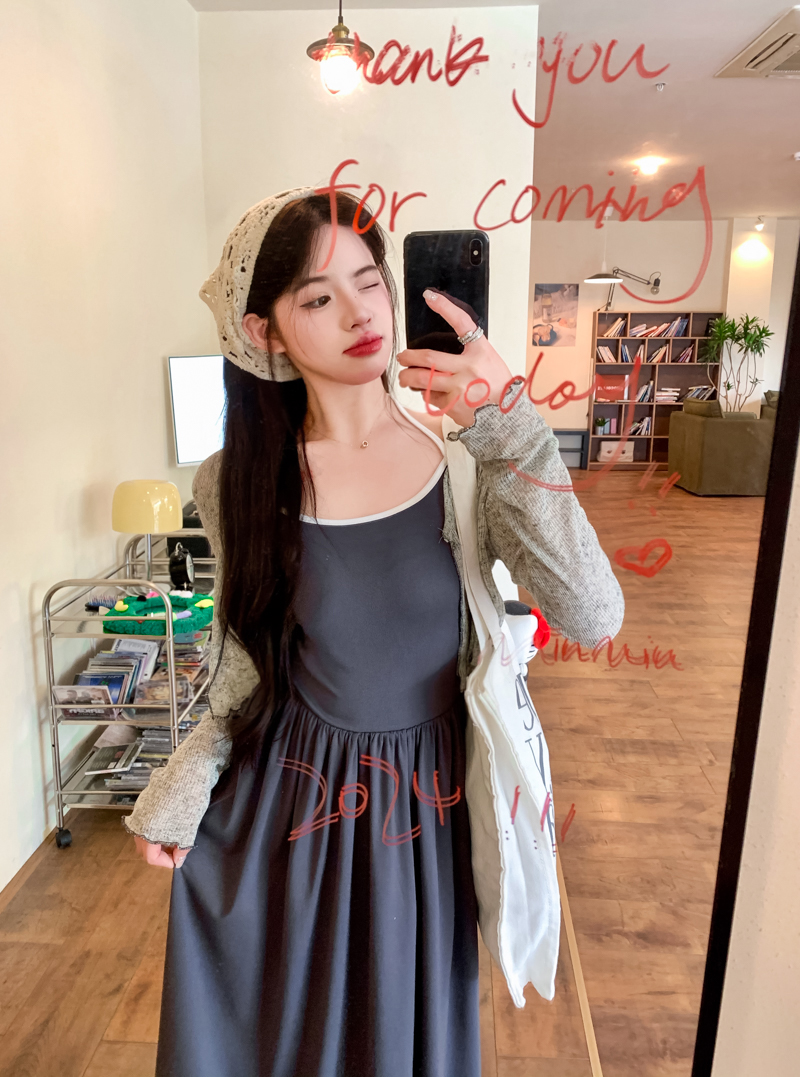 實拍 無袖吊帶連衣裙女顯瘦長裙+純色簡約防曬衫針織開衫