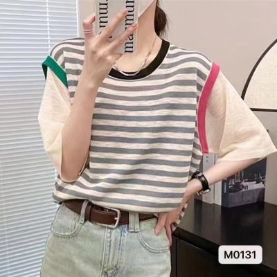 2024夏季新款韓版圓領撞色條紋拼接假兩件短袖上衣女