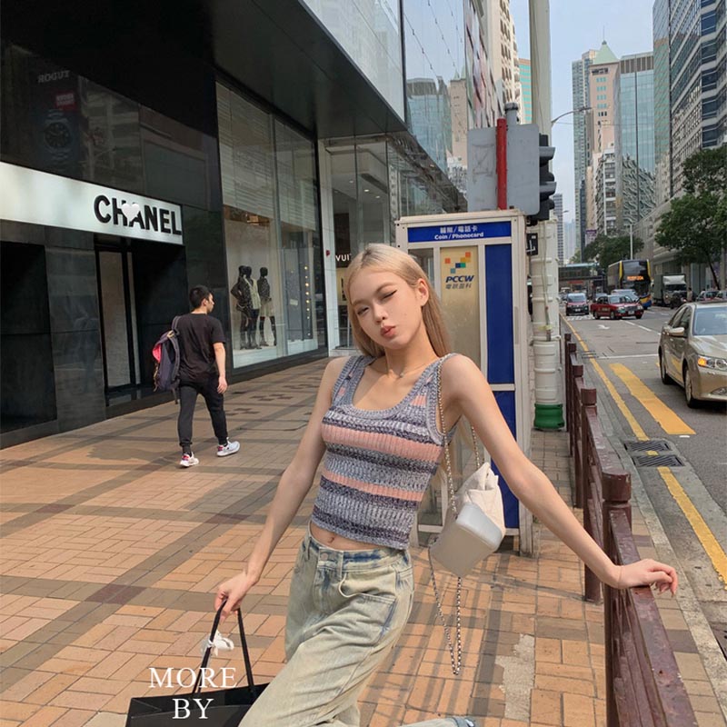 天貓質量夏季新款內搭條紋混紗針織上衣顯瘦女氣質法式吊帶