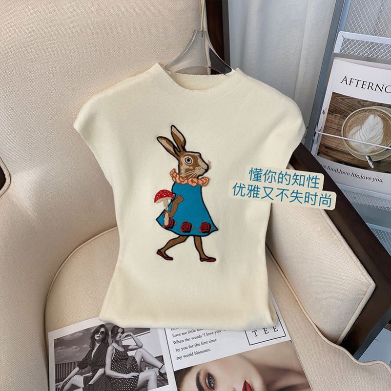 2024年夏款法式復古繡花修身背心上衣女設計感小眾無袖冰絲針織衫