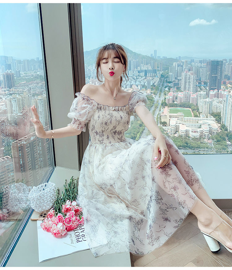 原版做工雪紡碎花連衣裙女夏2024新款法式方領超仙森系網紗長裙