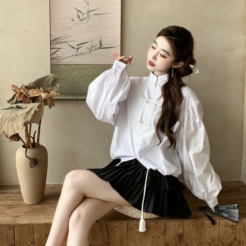 实拍中国风衬衫女设计感小众衬衣新中式上衣+百褶半身裙套装