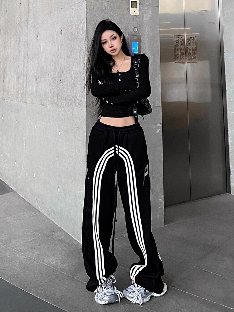 華棉仿棉複合美式復古運動褲女春季三條槓直筒闊腿褲寬鬆休閒褲