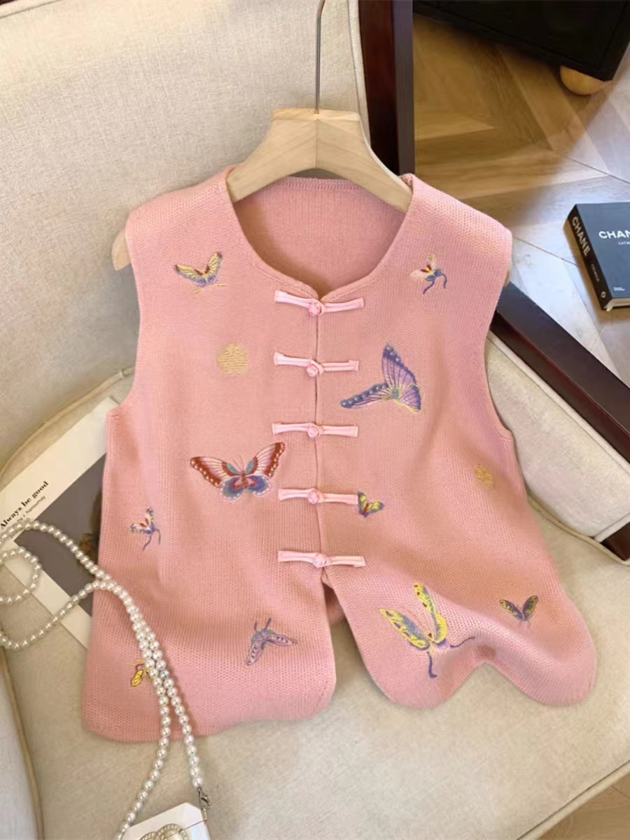 新中式國風盤扣圓領馬甲女款2024新款設計感重工刺繡蝴蝶背心馬甲