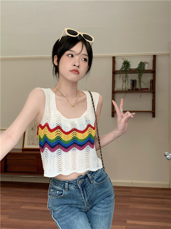 Real shot of rainbow knitted hollow vest for women summer new design short suspender top for women