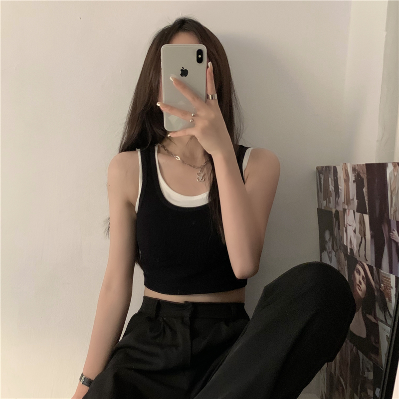 假兩件小吊帶背心女春夏設計感小眾內搭外穿美背甜辣網紅短款上衣