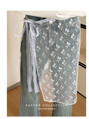 2024夏季韩国东大门设计感小众个性叠穿绑带透视蕾丝半身裙
