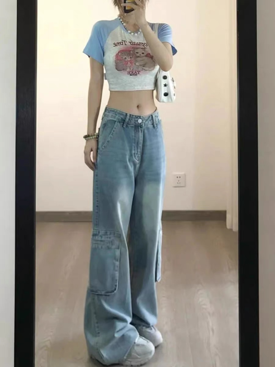 美式復古闊腿工裝牛仔褲女2024新款大碼胖mm高腰顯瘦直筒拖地褲子