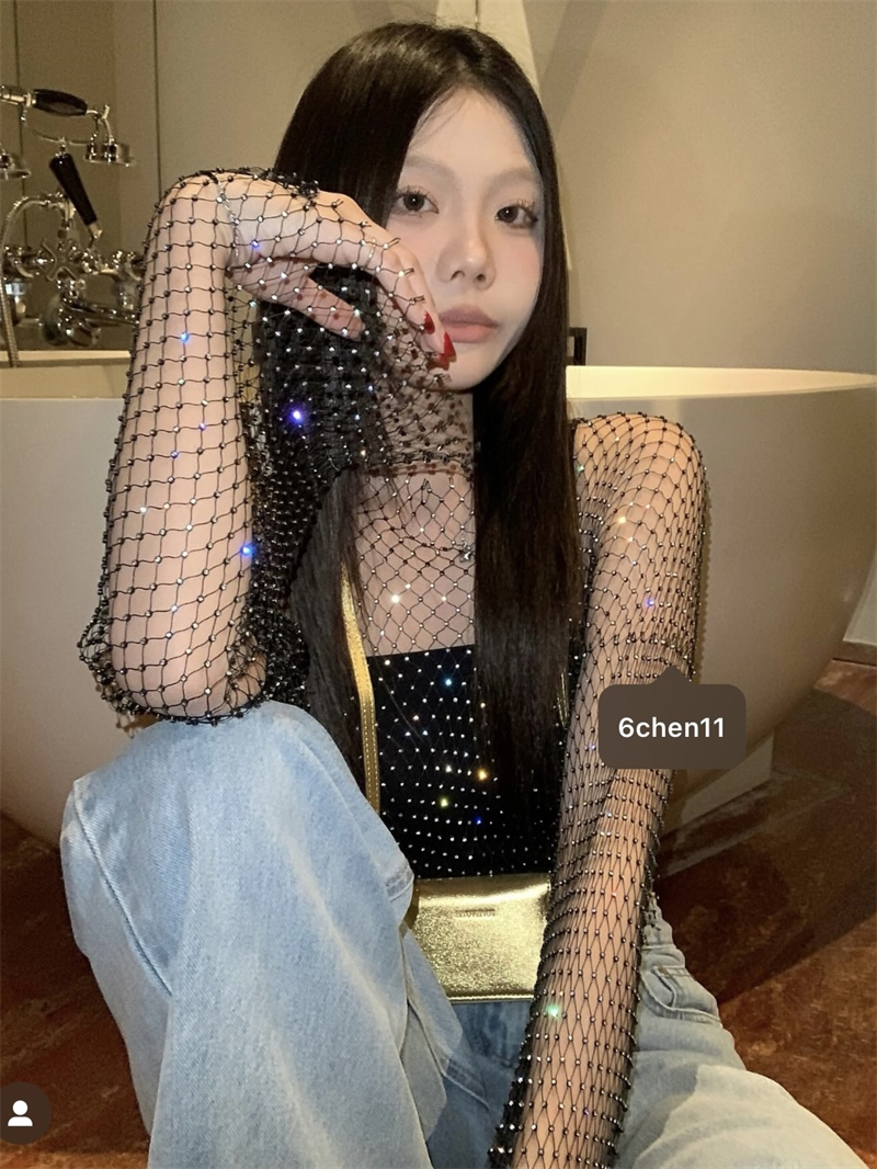實拍網紅辣妹燙鑽罩衫短款鏤空上衣亮閃閃T恤
