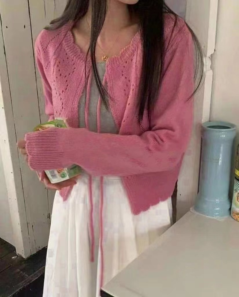 2024新款蝴蝶結系帶短款開衫針織衫女秋冬時尚百搭低領寬鬆小衫潮